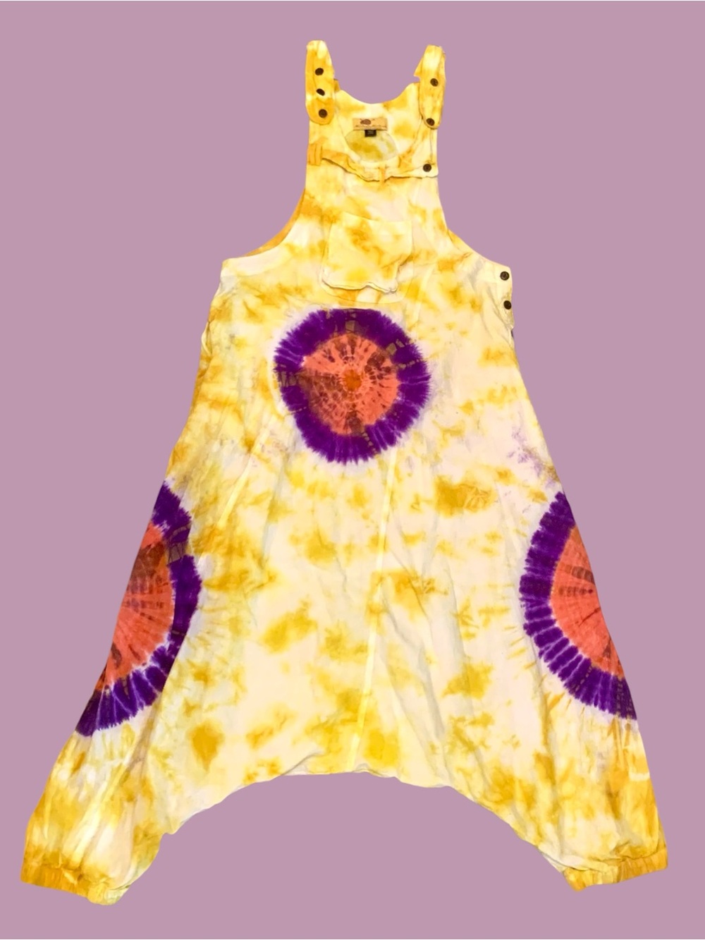 Himalaya handmade Tie-Dye Yellow low Crotch Overalls. Women's Relaxed fit NWOT - Picture 3 of 6